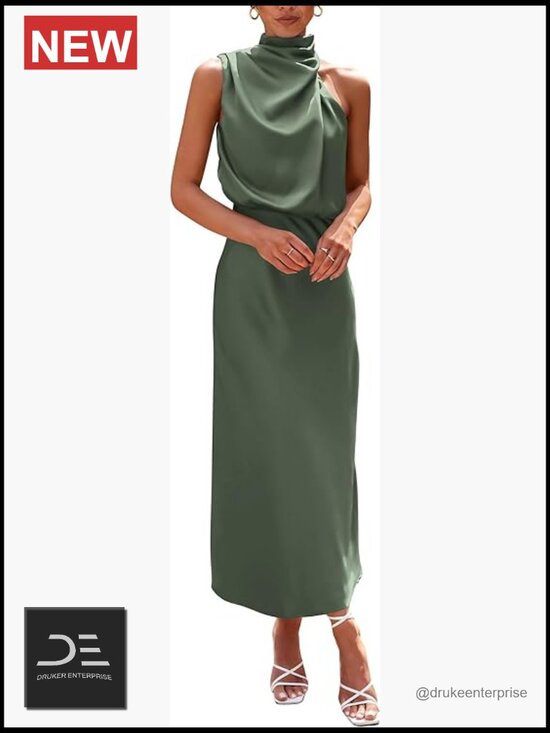 Dresses & Skirts - Elegant Sleeveless Mock Neck Maxi Dress with Satin Finish